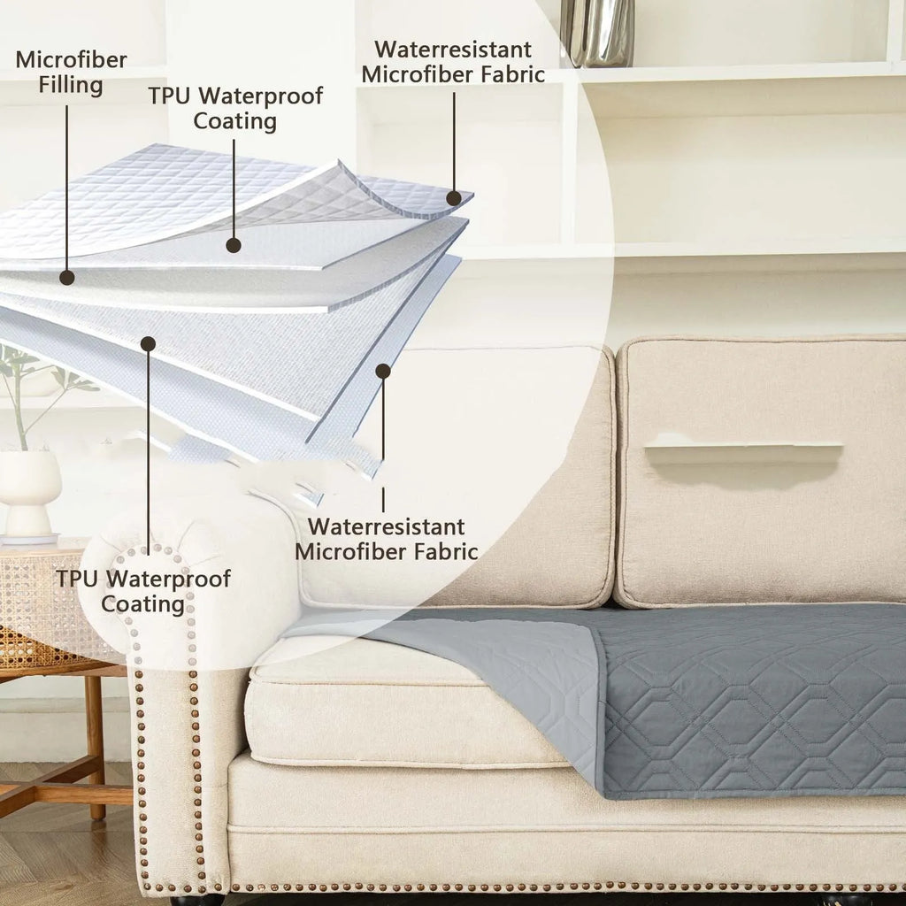 Reversible waterproof pet cushion for sofas in two-tone colours, shown alongside a size chart.