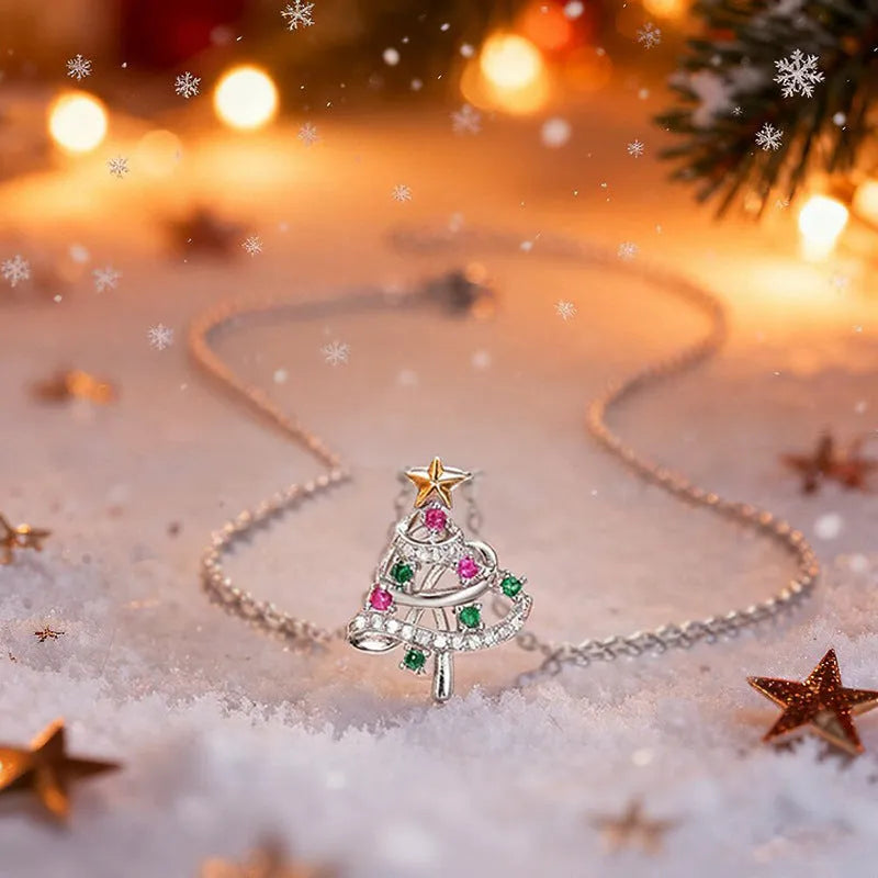 Women's two-tone copper inlaid zircon star and snowflake pendant necklace on adjustable O-ring chain