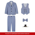 Boys British solid colour suit dress set with single-breasted jacket, long sleeves, vest, bow tie, and brooch in beige blue or gray