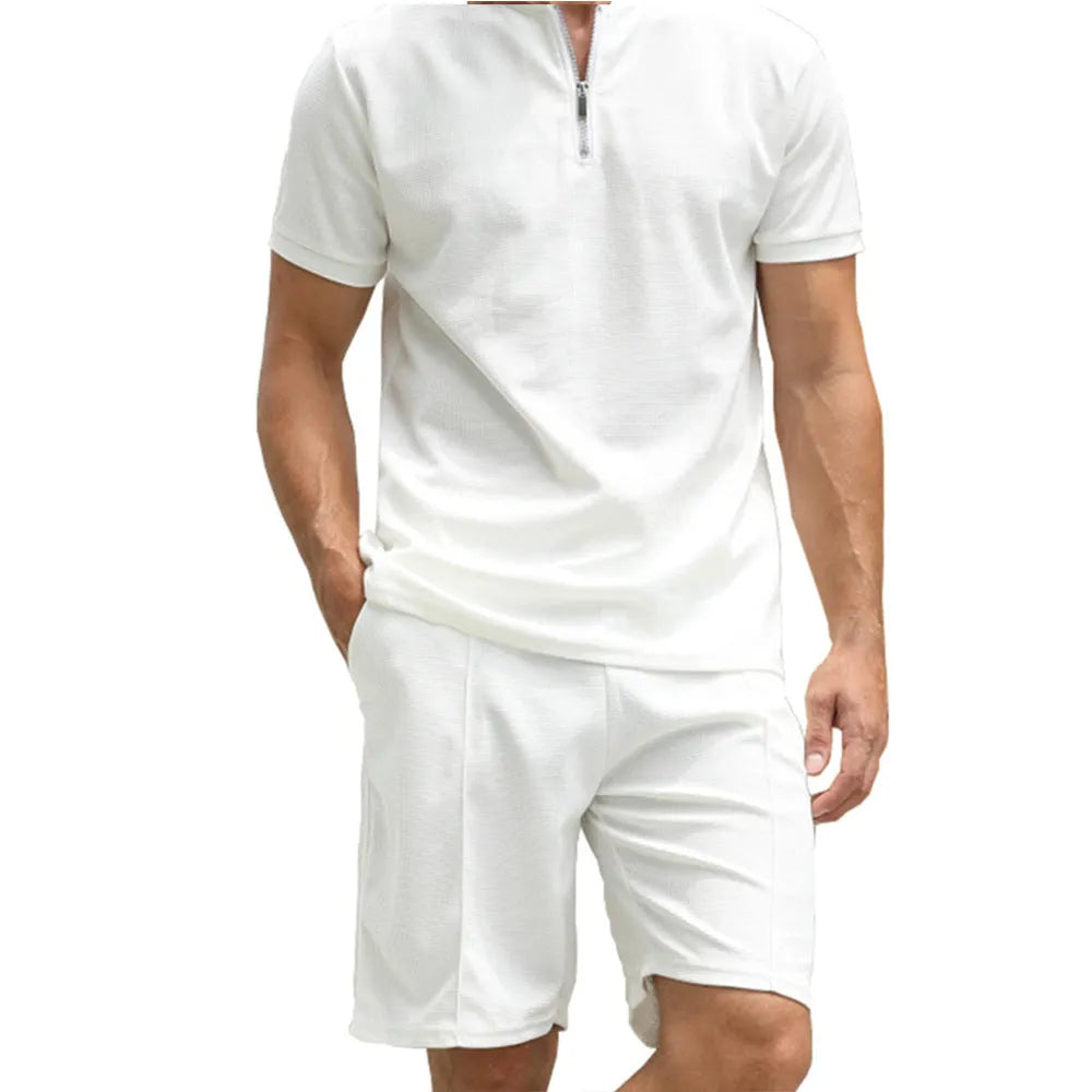 Men's solid colour polyester polo shirt two-piece suit set with matching trousers