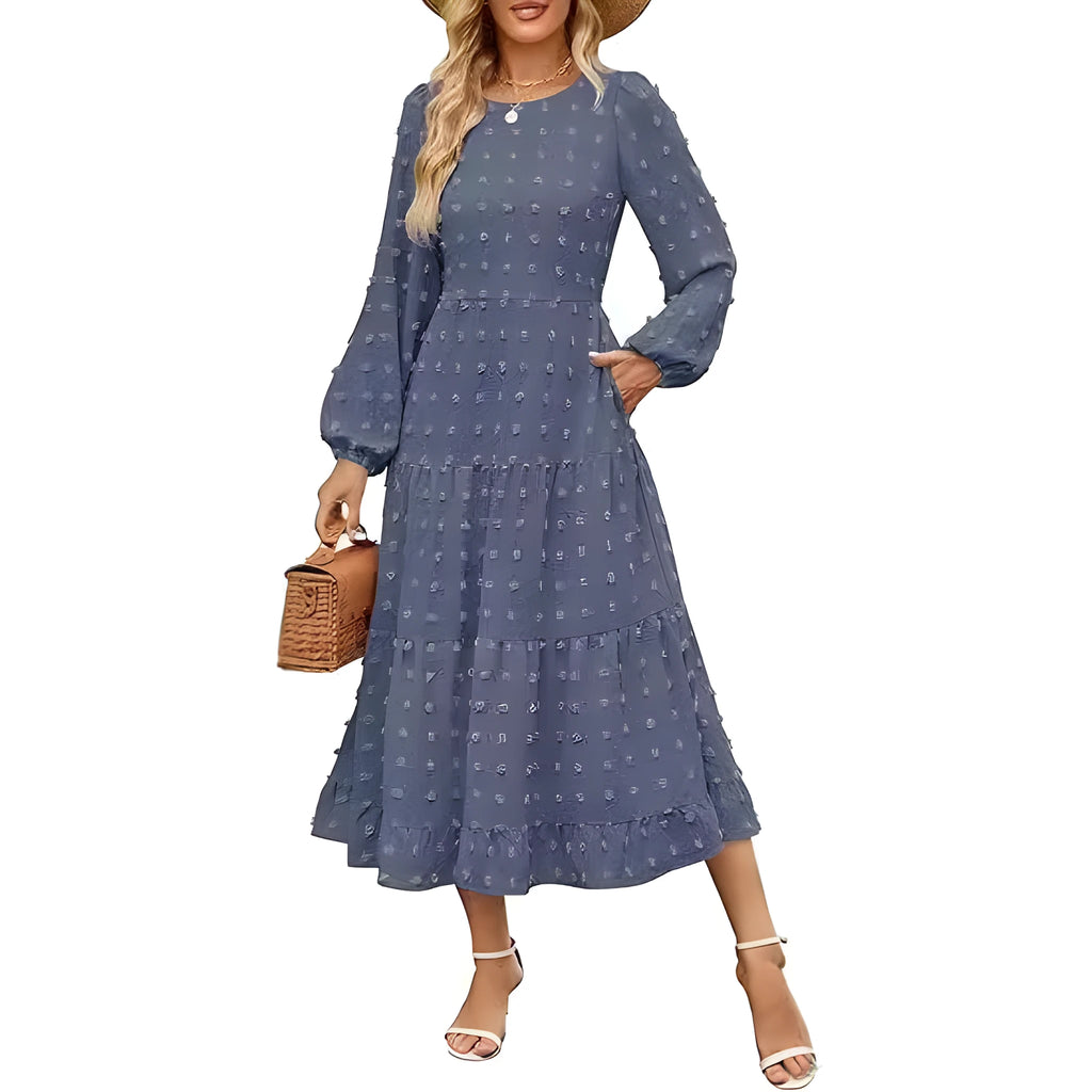 Women's high waist long sleeve dress with ruffled sleeves in beige colour.
