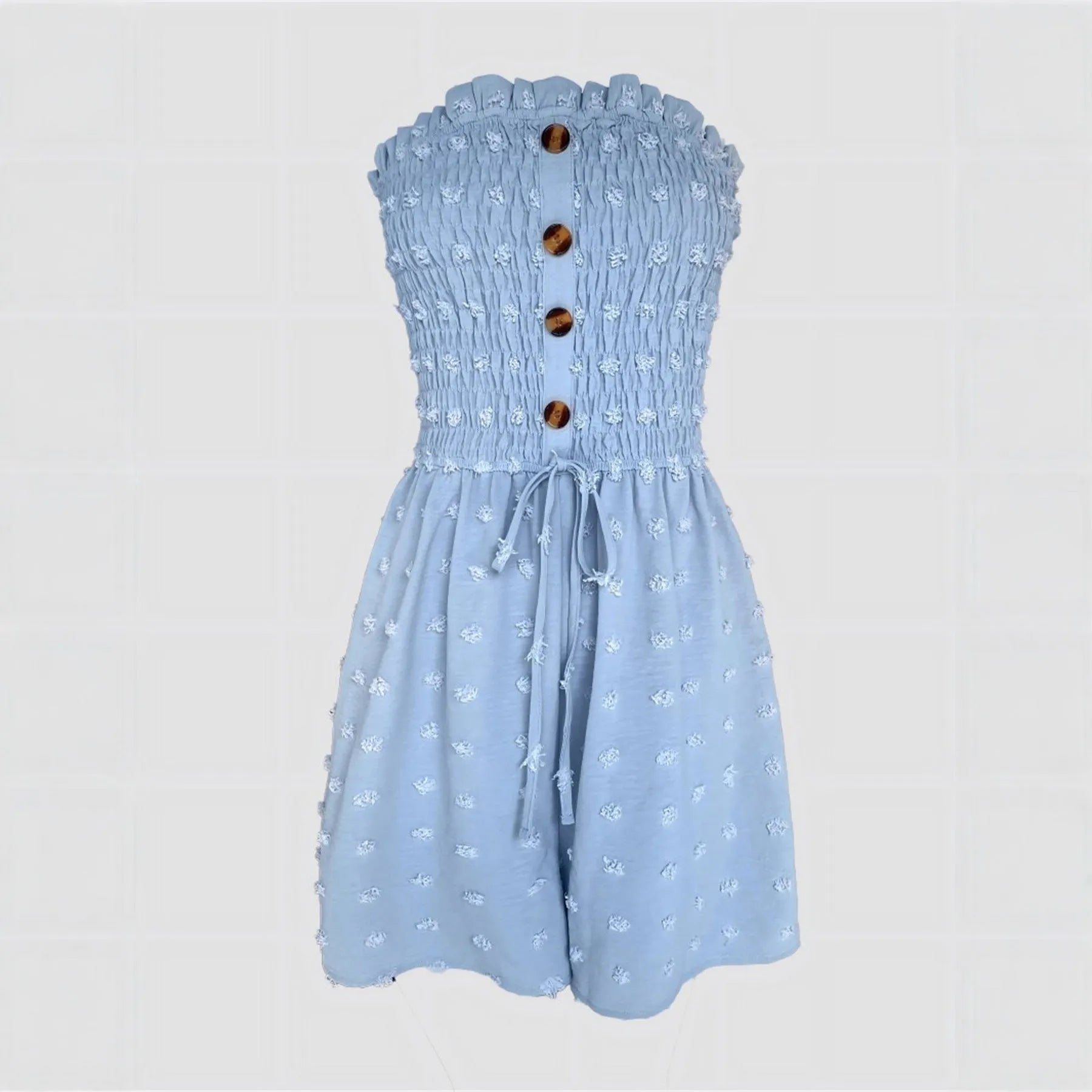 Women's solid colour off-shoulder sleeveless jumpsuit in polyester fabric on a hanger.