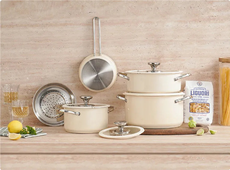 Beige 304 stainless steel double bottom soup pot set with composite glass lids