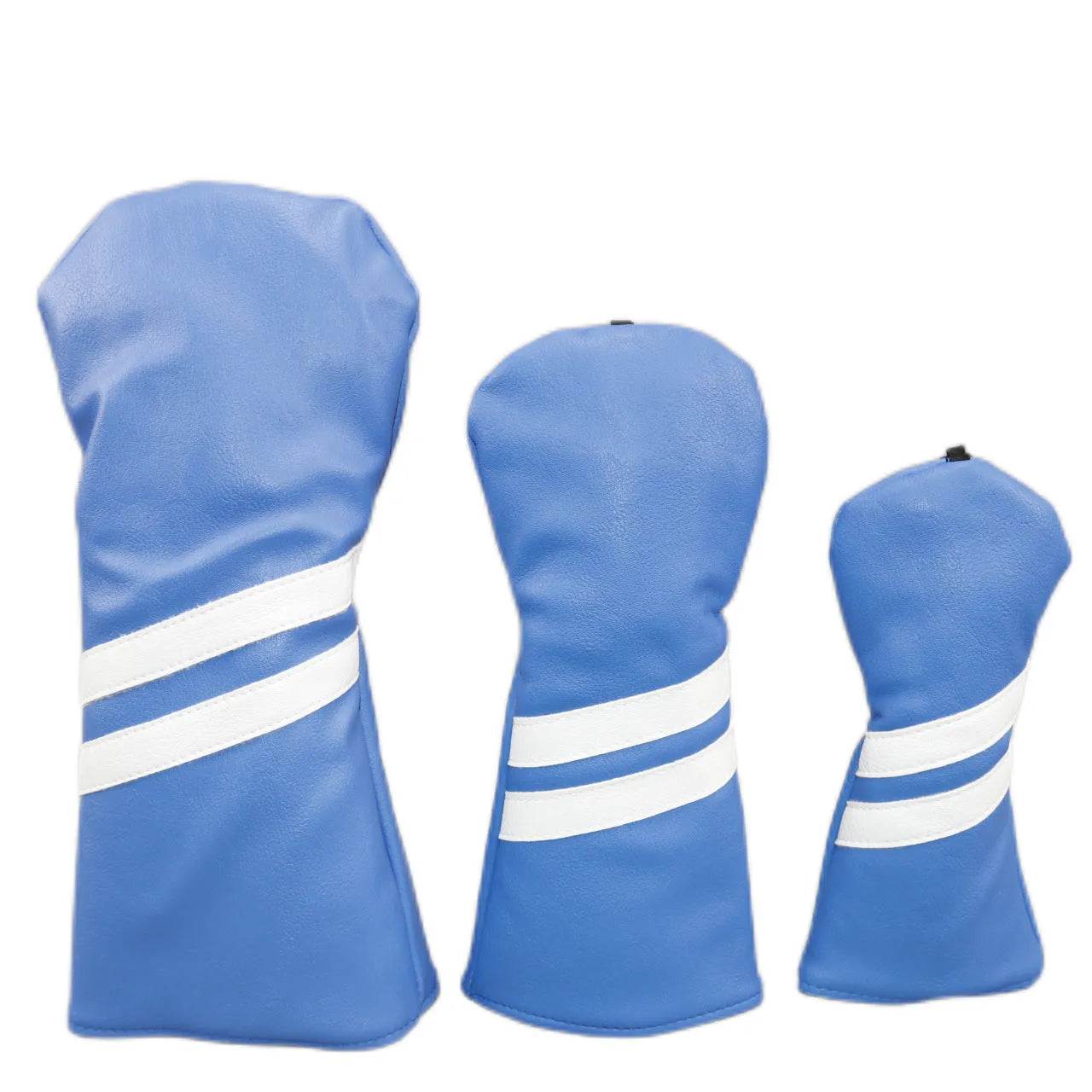 Golf club head cover with two oblique stripes in blue colour showing size dimensions
