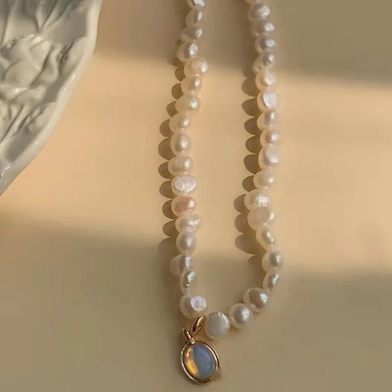 French Court vintage pearl necklace with geometric alloy design and adjustable 21-50cm length