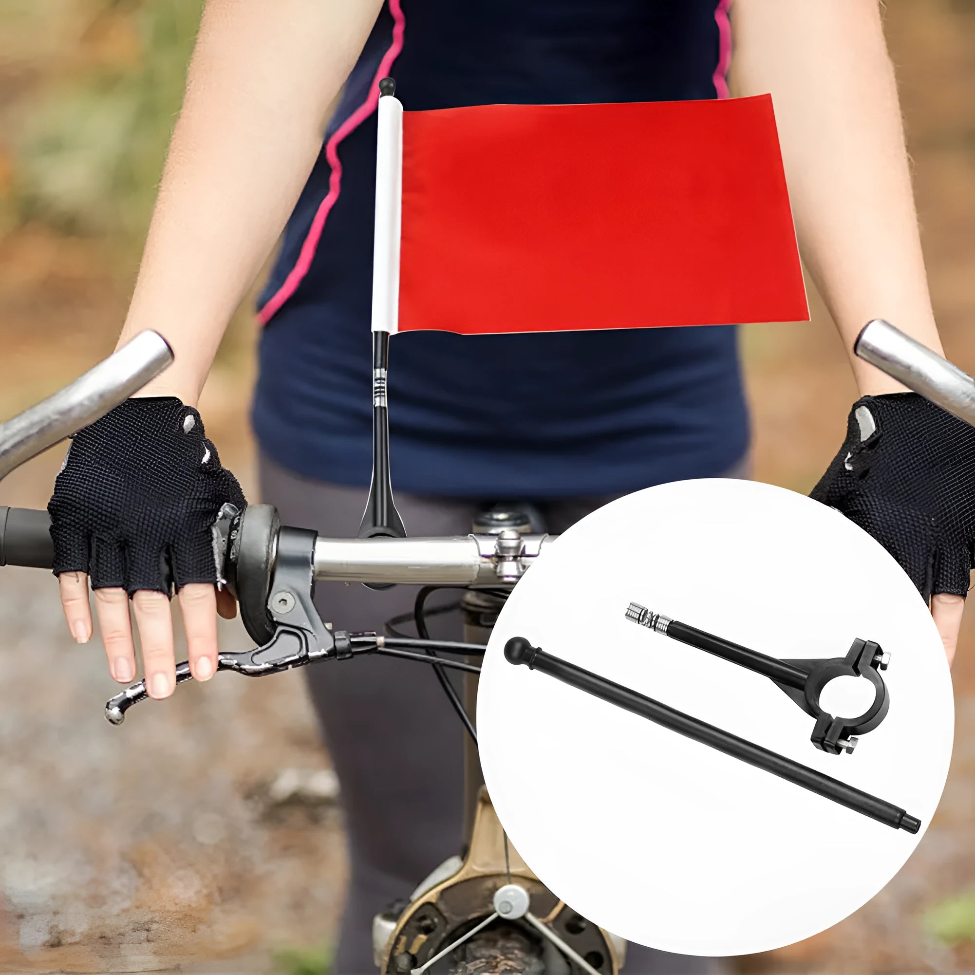 Cycling handlebar flag pole with square polyester flag attached for bicycle mounting