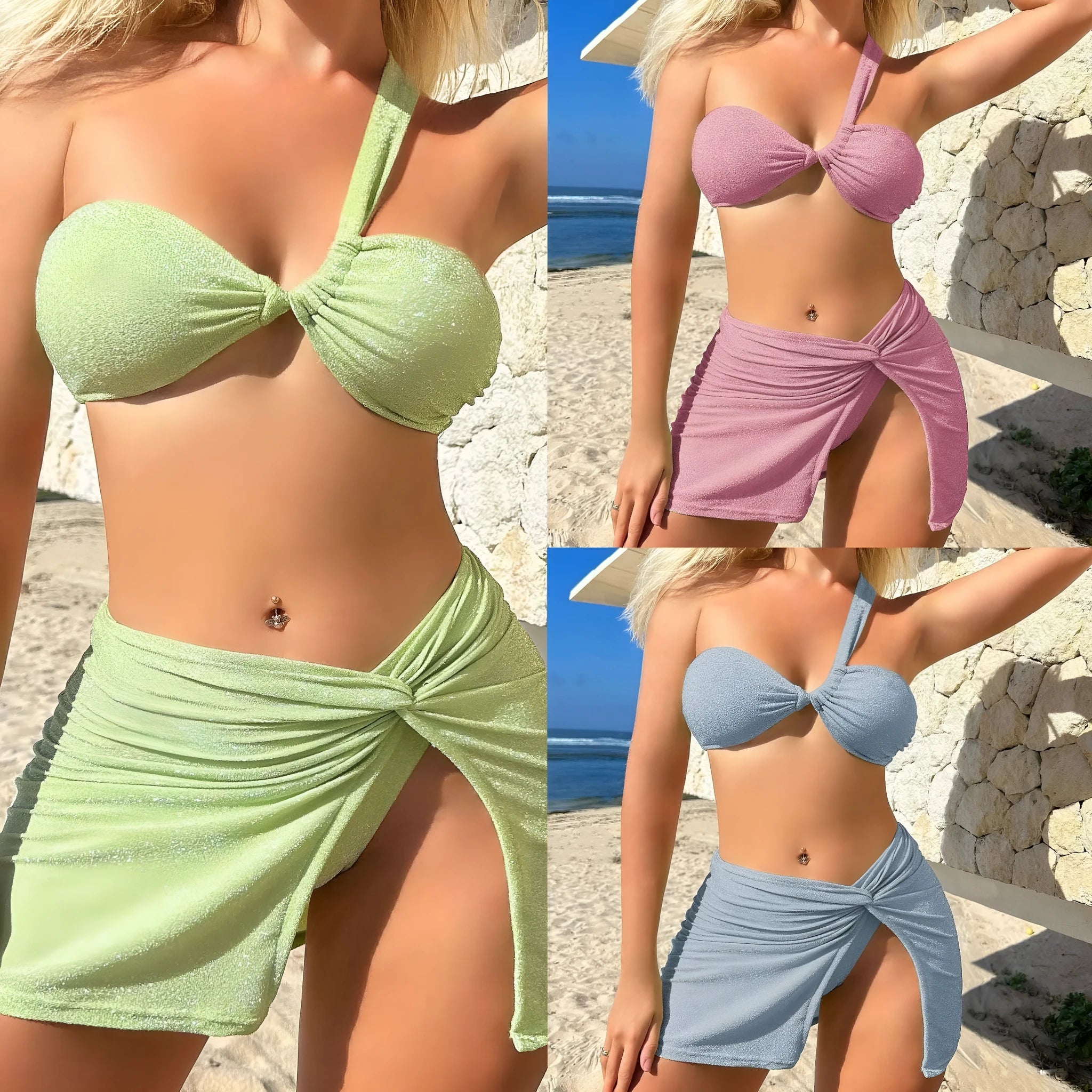 Women's light green one-shoulder tube top swimsuit three-piece set with matching skirt on a mannequin.