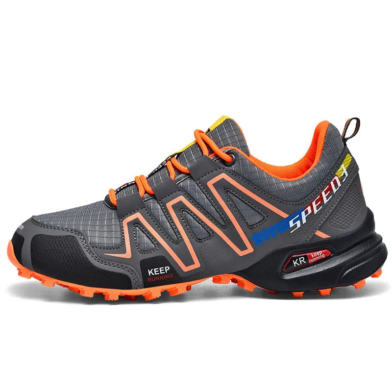 Men's low-top casual trainers in grey orange, featuring a synthetic leather upper and mesh lining.