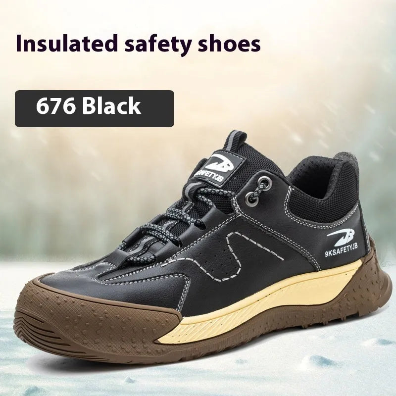 Flyknit safety work shoes with leather upper and rubber sole in multiple colour options