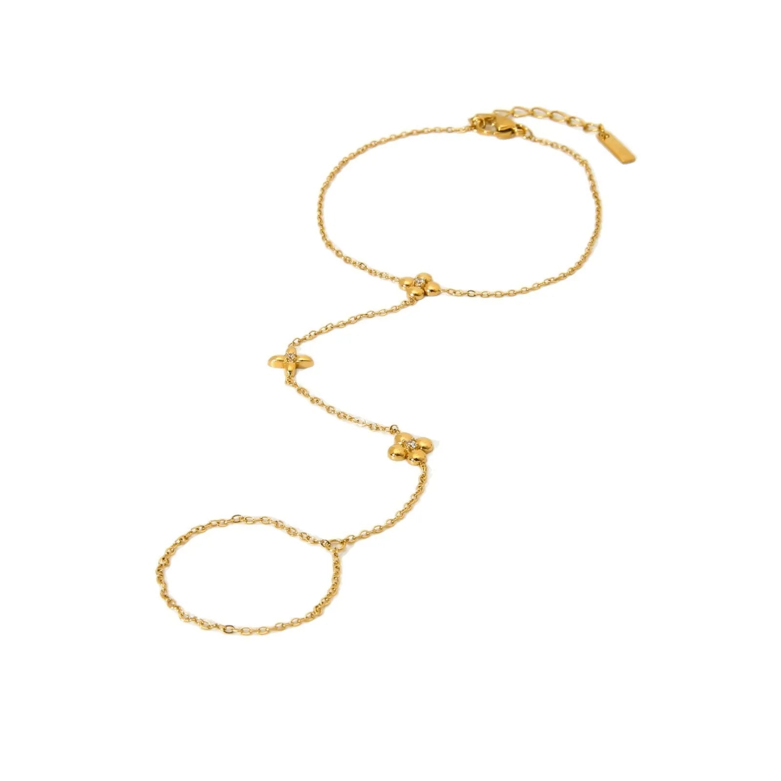Gold stainless steel women's bracelet with geometric design showing floral patterns and eight-pointed star charms