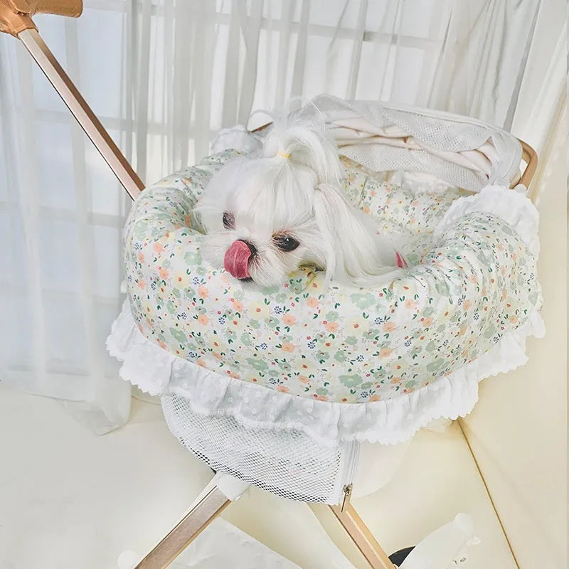Pet stroller accessory set with towel, cushion, and pillow in floral pattern