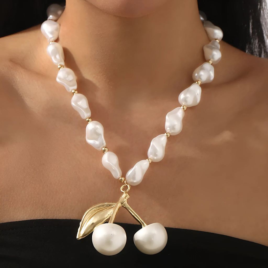 Creative pearl cherry fruit necklace for women with adjustable alloy chain in gold or white K finish