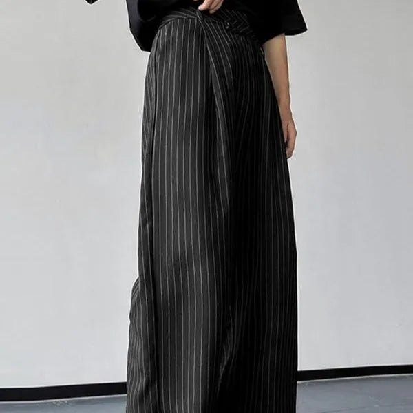 Black men's casual trousers with vertical stripes and pleated detailing