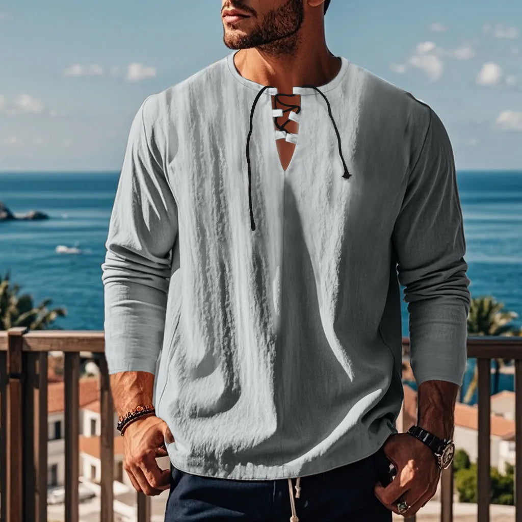 Cotton linen blend solid colour beach shirt in loose pullover style