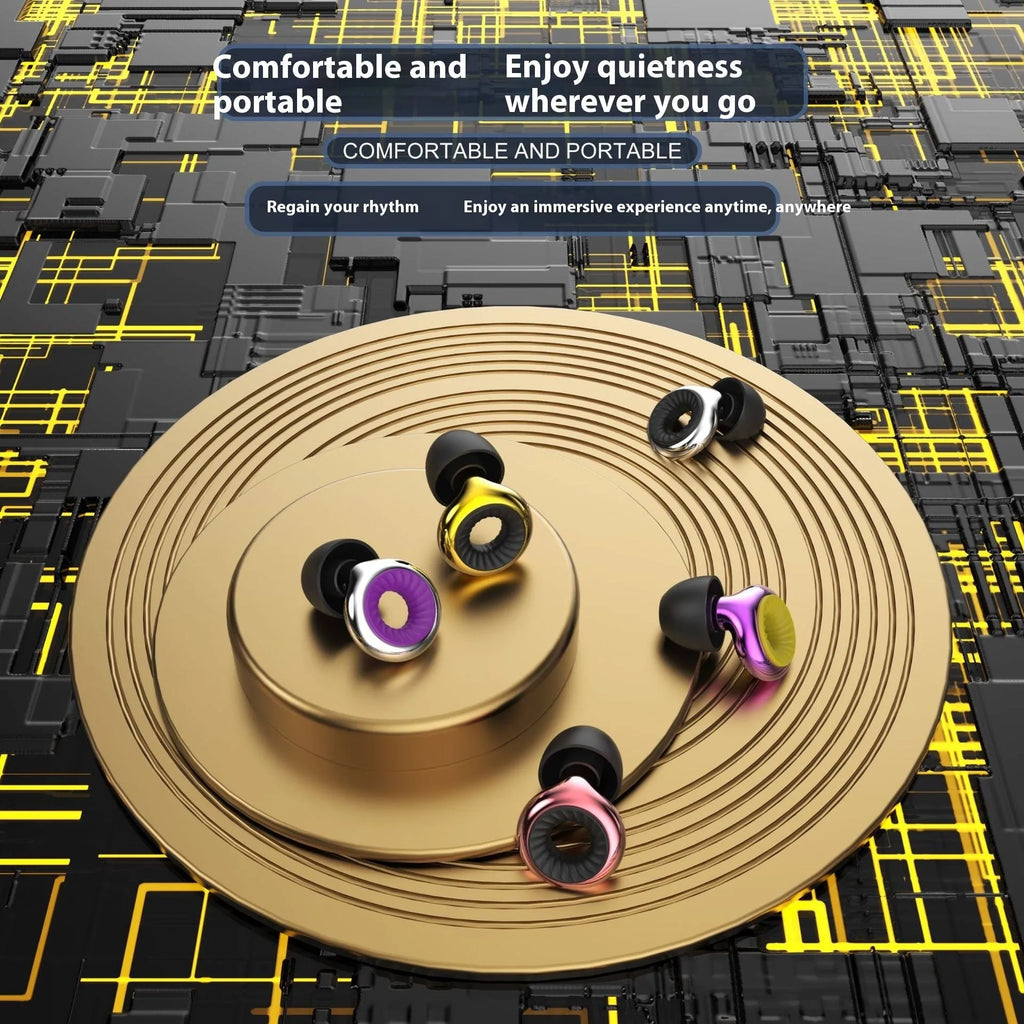 Noise reduction earplugs in five colours: gold, silver, transparent, purple, rose gold with storage case