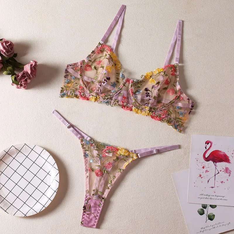 Floral mesh underwear suit with steel ring T-back in skin colour on mannequin