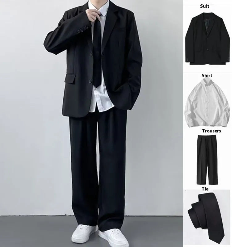 Men's plus size college style suit set in grey, featuring a blazer, trousers, white shirt, and tie.