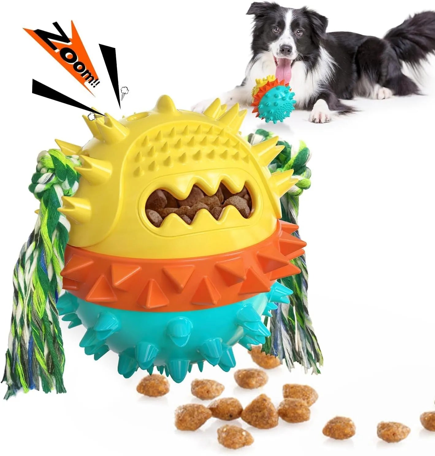 Blue and red TPR rubber dog ball chew toy with rope attachment and treat dispenser hole.