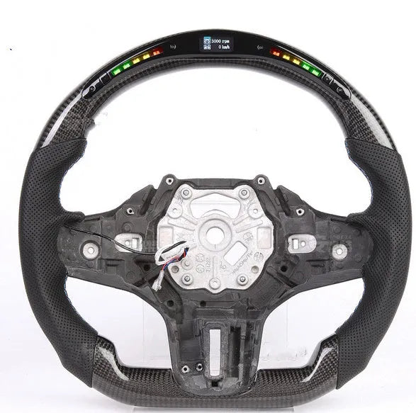 Black carbon fibre steering wheel for BMW X3 X5 with LED controls and sport package styling