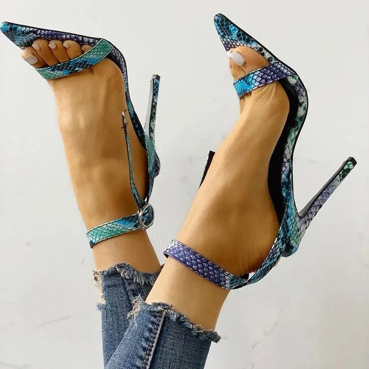 Blue women's high heels with buckle closure and hollow-out design in sizes 34-43