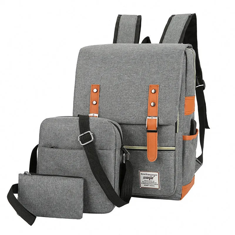 Three-piece business travel backpack in Oxford cloth with curved shoulder straps and multiple compartments