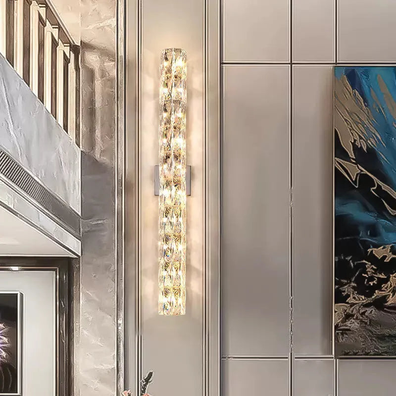Crystal wall lamp with stainless steel base in chrome or gold finish, LED tricolour lighting, multiple size options