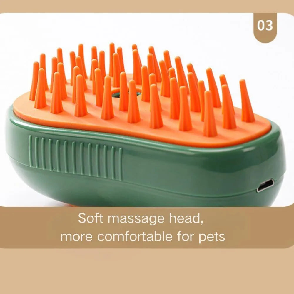 Green and white rechargeable cat steam grooming brush with silicone teeth on a wooden table.