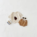 Girls' cotton casual round neck ice cream patch short sleeve shorts suit in Olive, Apricot, and White for summer