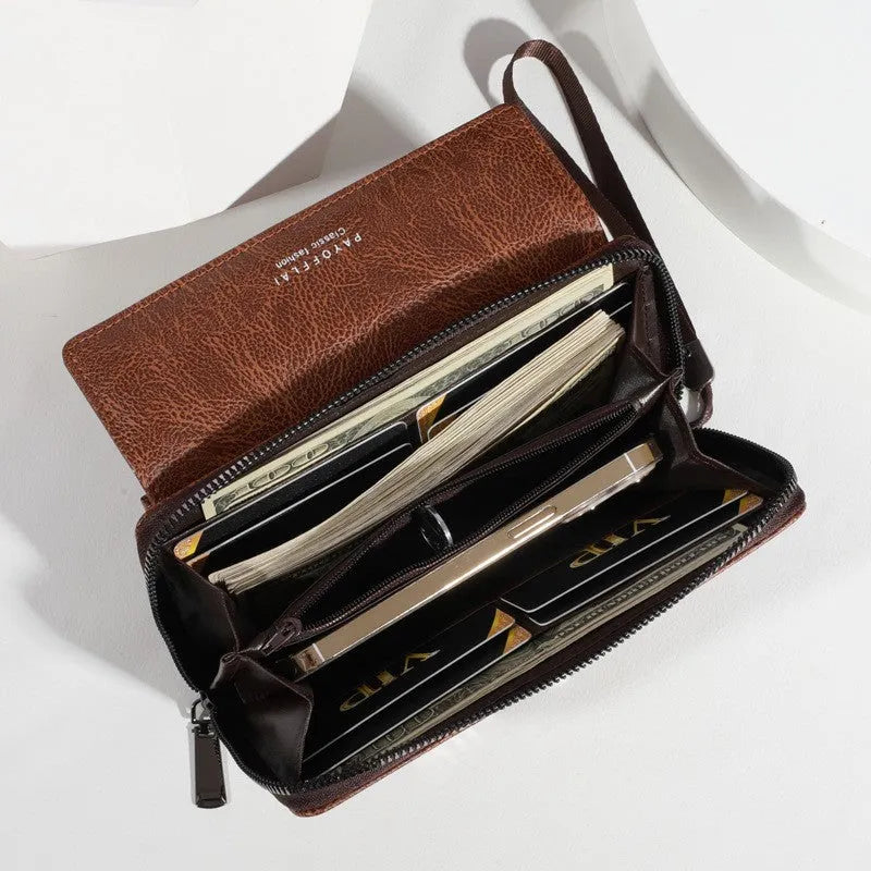 Men's PU leather long wallet showing multiple card slots in black colour option