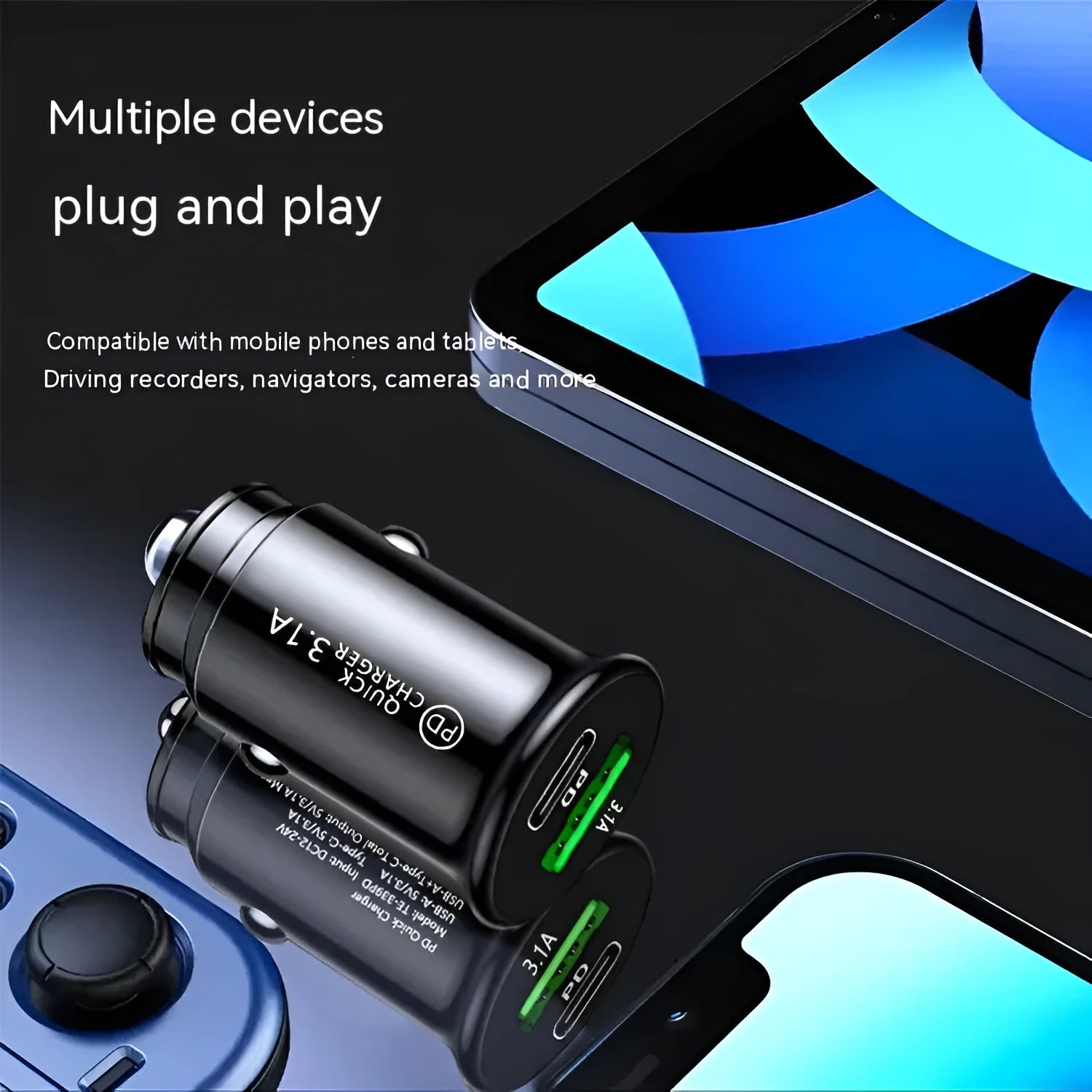 Black dual port USB car charger for vehicle lighter socket with 4.8A output