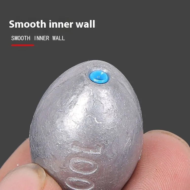 Tongxin style rugby-shaped olive lead fishing sinker with scale texture and plastic core, shown with weight options.