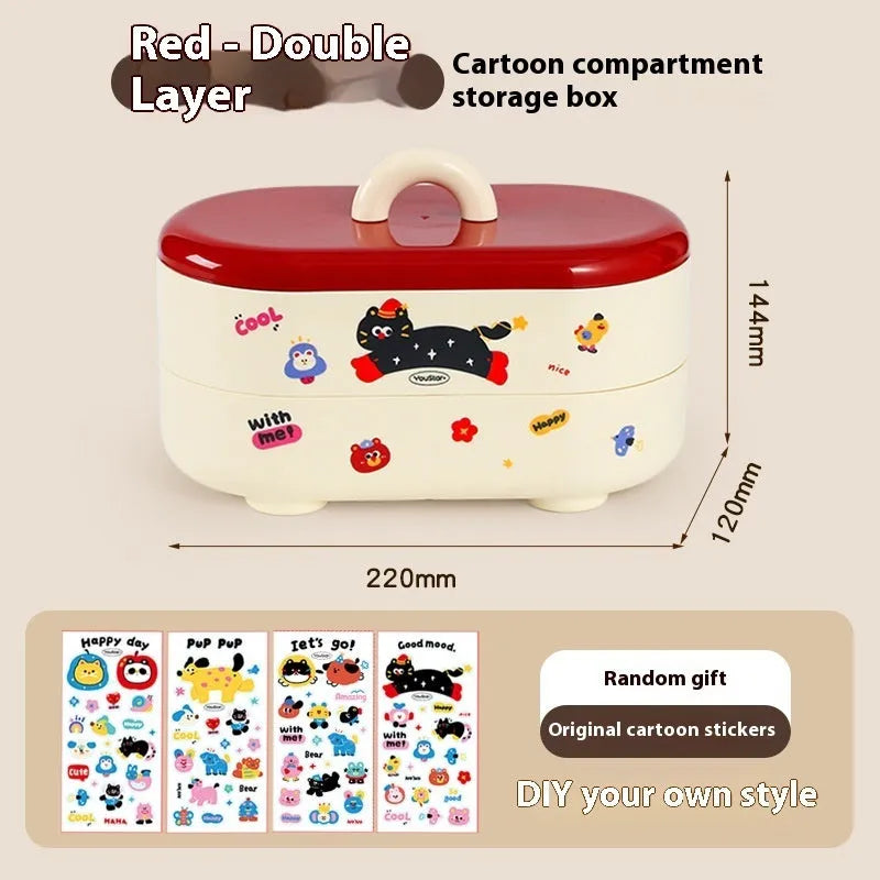 Red and brown cartoon sticker designs on a plastic desktop storage box with grid organiser compartments.