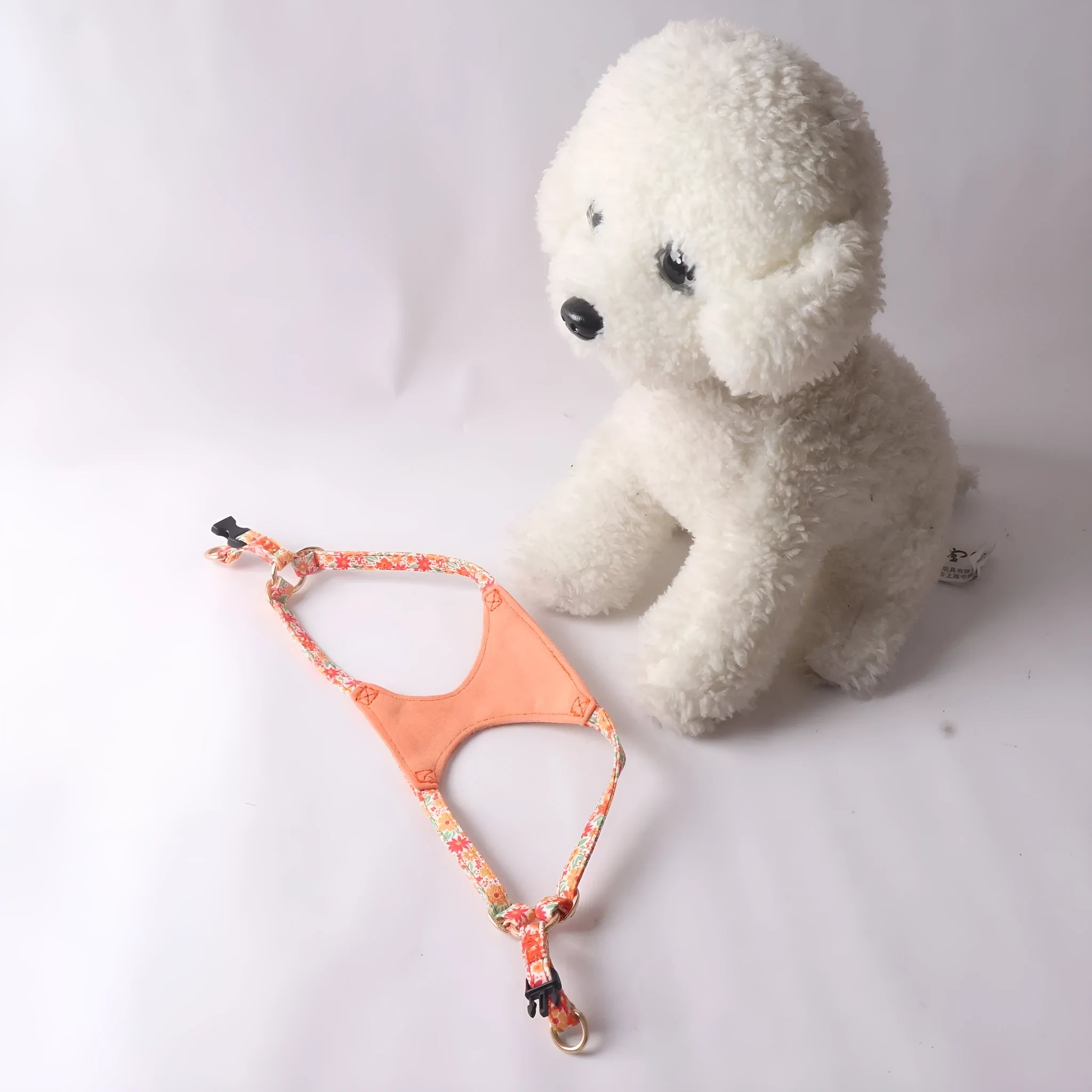 Floral patterned cloth dog harness and leash set in orange, purple, pink, black or white with red flowers design