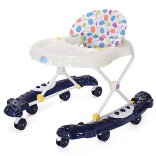 Blue plastic baby walker with anti-rollover base, music panel, and five height adjustment options for 6 to 12 months