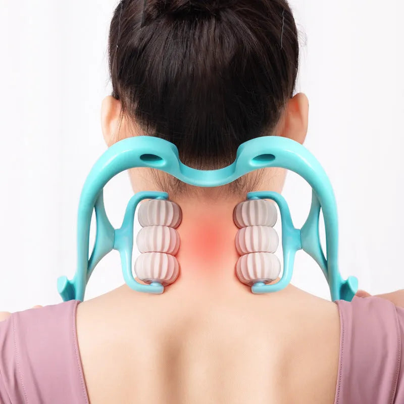 Blue plastic six-wheel massager for shoulders neck and waist tension relief