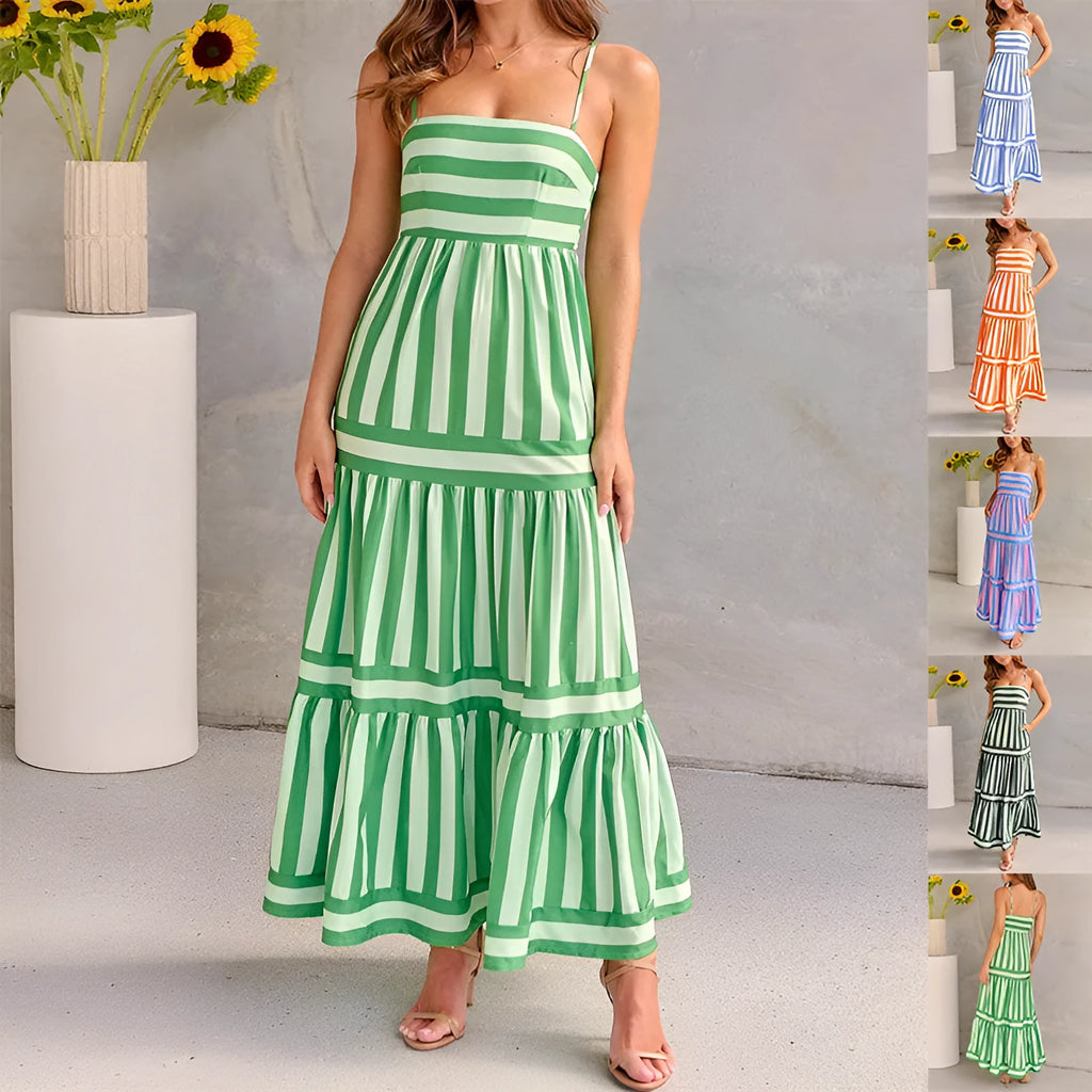 Women's striped printed suspender dress with square neckline, backless design and side pockets