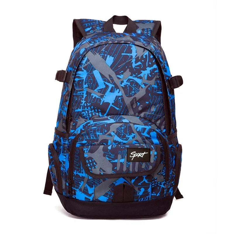 Classic red or blue nylon backpack with large main compartment for school and travel