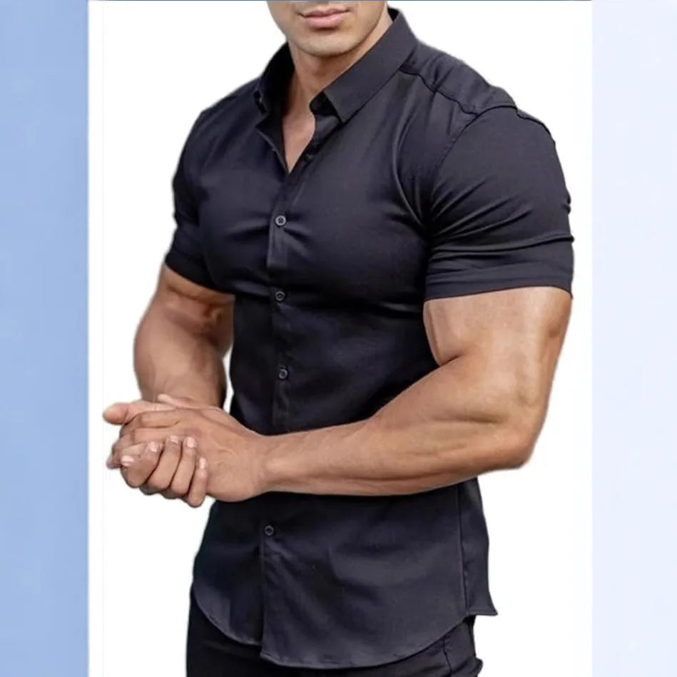 Men's short sleeve printed collar casual shirt in cardigan style, shown in multiple colour options.