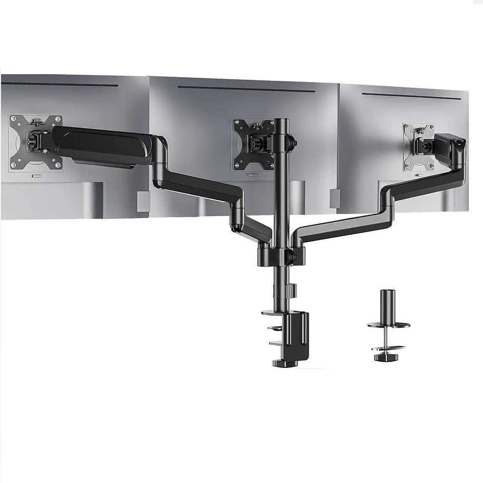 Black aluminium gas spring monitor arm holding 27-inch screen with three-arm construction