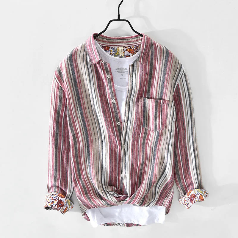 Men's striped linen shirt in red or gray with long sleeves and loose fit