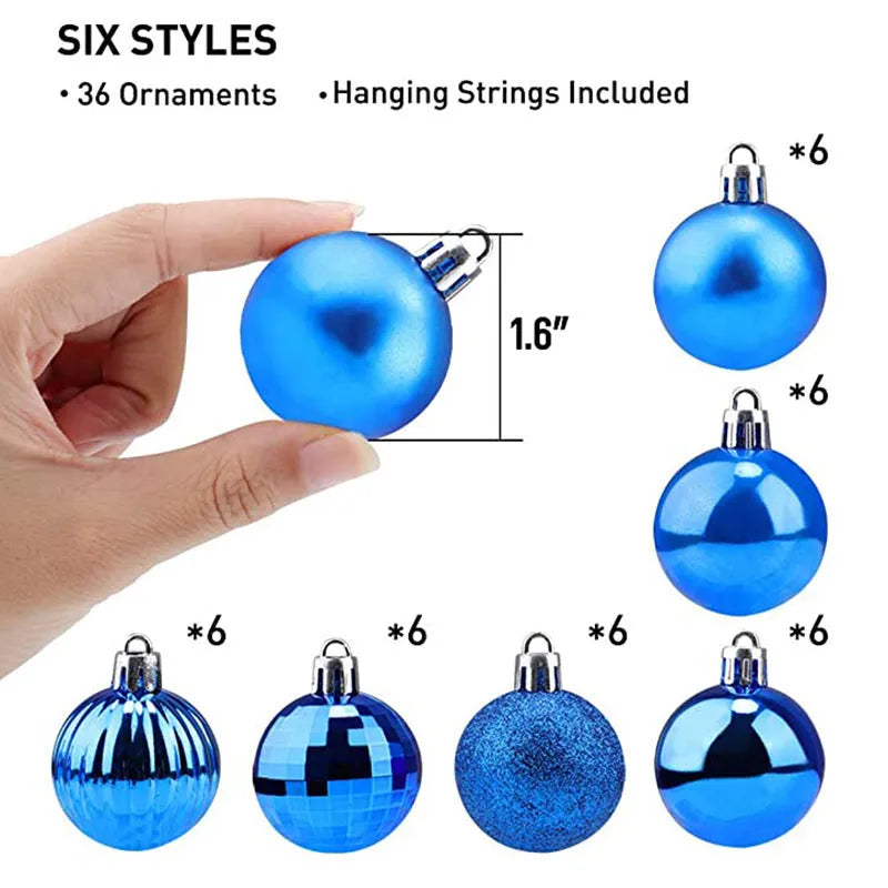 36 Christmas colour balls in whole box set, 4cm diameter, assorted colours for tree decoration