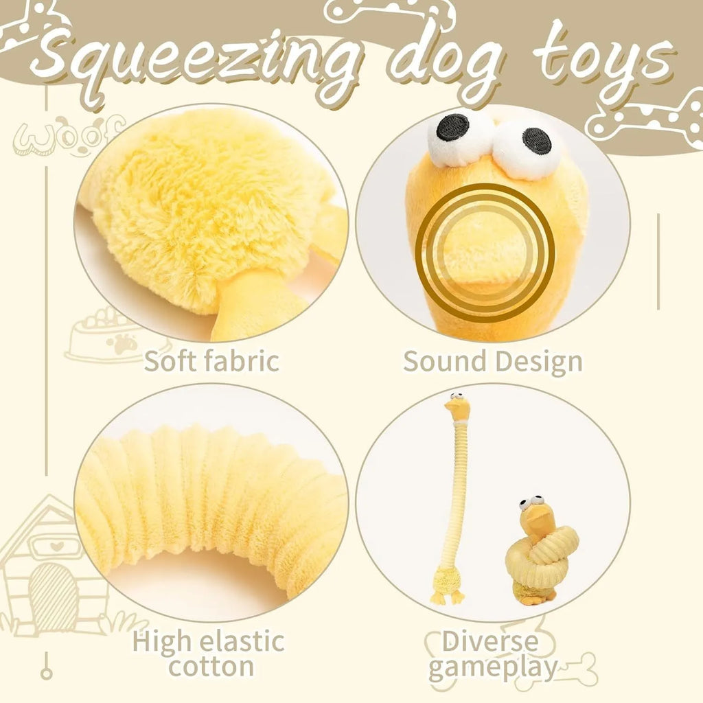 Plush squeaky dog toy with crinkle material in brown, grey, and yellow colour options