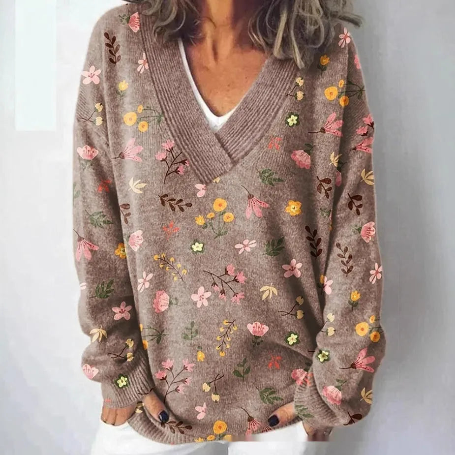 Women's grey 3D floral print sweatshirt with V-neck and long sleeves on a hanger
