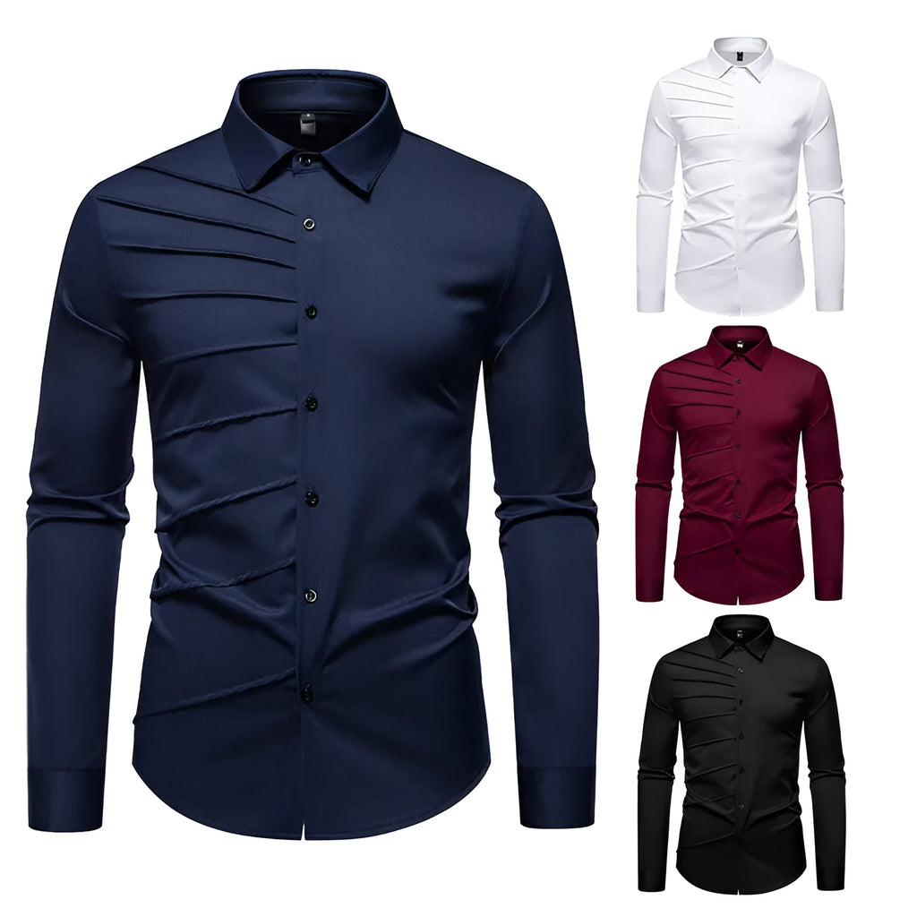 Men's pleated design casual long-sleeved shirt in slim-fit cardigan style, polyester fabric, white colour