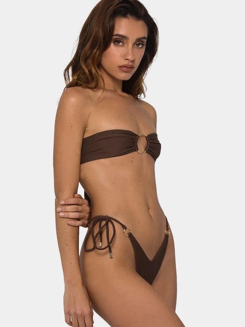 Brown women's tube-top push-up bikini swimsuit with ring tether and split bottom.