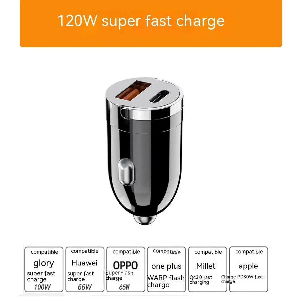 Black 200W zinc alloy car charger with USB port measuring 38mm