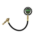 Mechanical automobile tyre pressure gauge with metal body and rubber shell in red, black, and silver finishes.