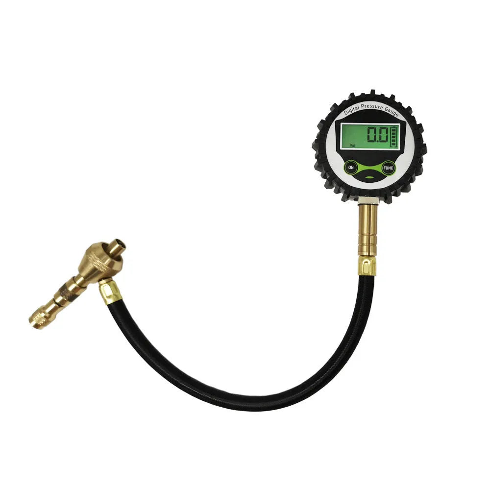 Mechanical automobile tyre pressure gauge with metal body and rubber shell in red, black, and silver finishes.