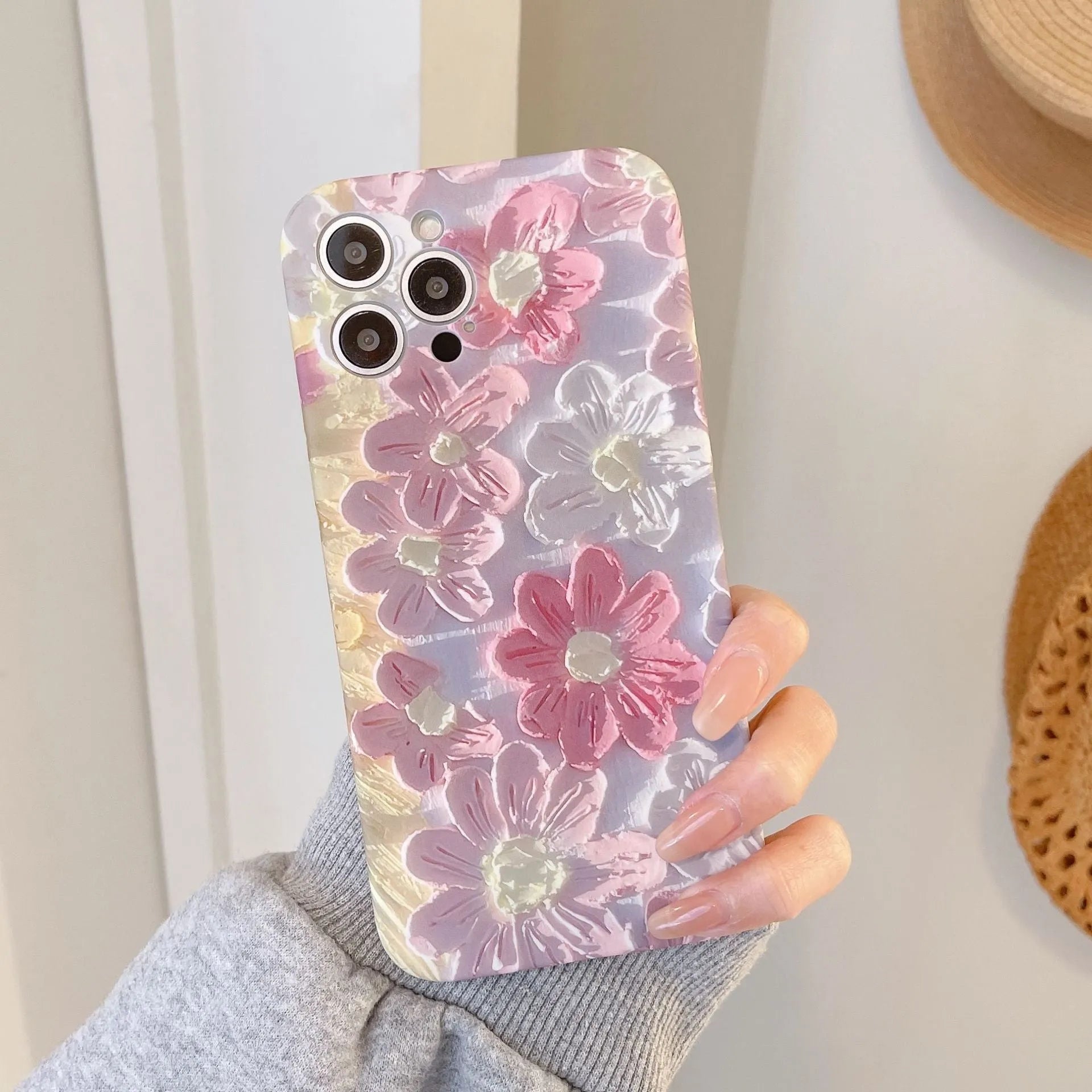 Pink silicone liquid oil painting flower phone case rear cover for iPhone