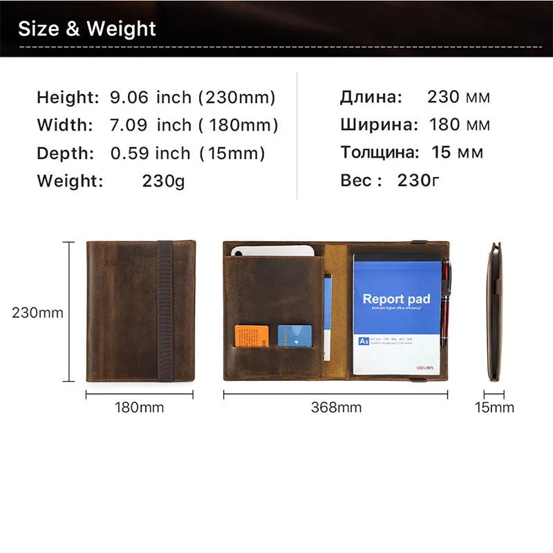 Brown Crazy Horse leather A5 notebook protective sleeve with square socket closure